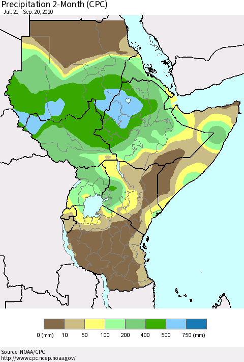 Eastern Africa Precipitation 2-Month (CPC) Thematic Map For 7/21/2020 - 9/20/2020