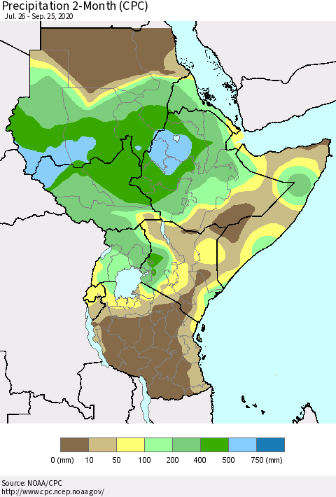 Eastern Africa Precipitation 2-Month (CPC) Thematic Map For 7/26/2020 - 9/25/2020