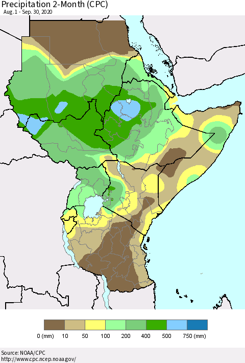 Eastern Africa Precipitation 2-Month (CPC) Thematic Map For 8/1/2020 - 9/30/2020