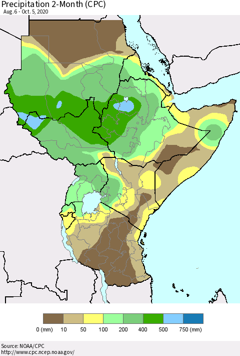 Eastern Africa Precipitation 2-Month (CPC) Thematic Map For 8/6/2020 - 10/5/2020