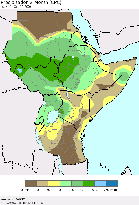 Eastern Africa Precipitation 2-Month (CPC) Thematic Map For 8/11/2020 - 10/10/2020
