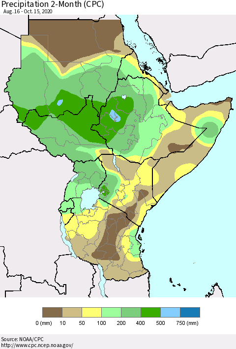 Eastern Africa Precipitation 2-Month (CPC) Thematic Map For 8/16/2020 - 10/15/2020