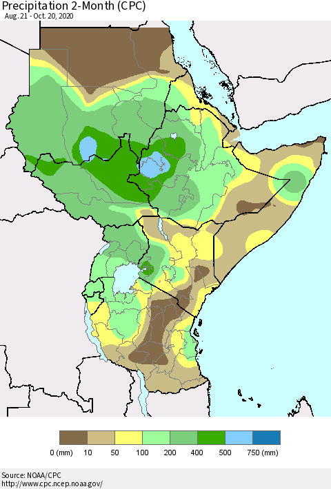 Eastern Africa Precipitation 2-Month (CPC) Thematic Map For 8/21/2020 - 10/20/2020