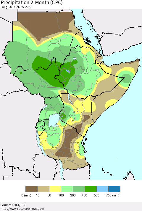 Eastern Africa Precipitation 2-Month (CPC) Thematic Map For 8/26/2020 - 10/25/2020