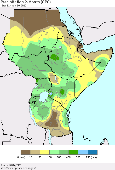 Eastern Africa Precipitation 2-Month (CPC) Thematic Map For 9/11/2020 - 11/10/2020