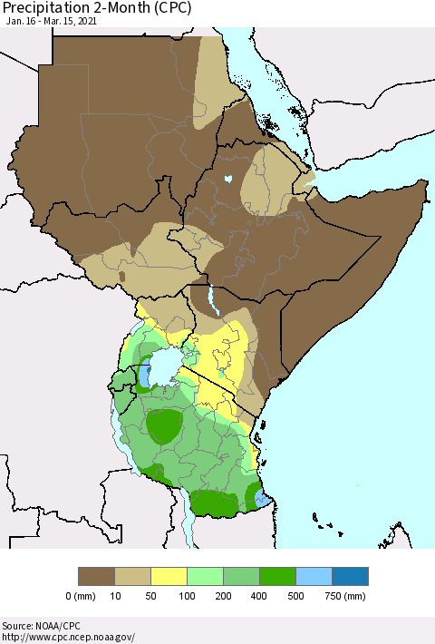 Eastern Africa Precipitation 2-Month (CPC) Thematic Map For 1/16/2021 - 3/15/2021