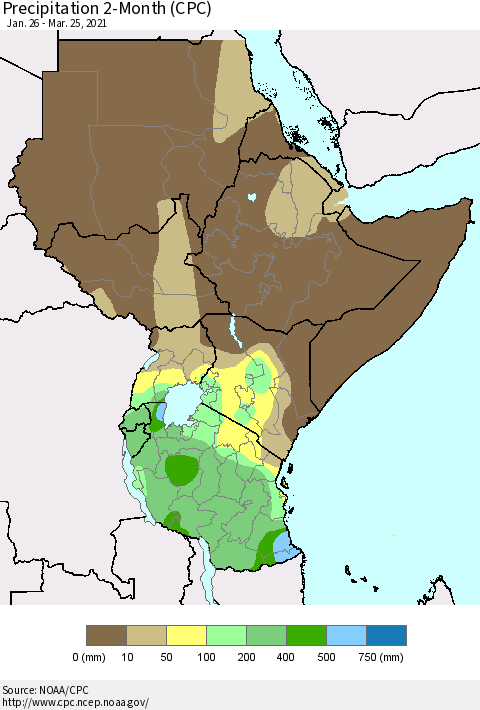 Eastern Africa Precipitation 2-Month (CPC) Thematic Map For 1/26/2021 - 3/25/2021