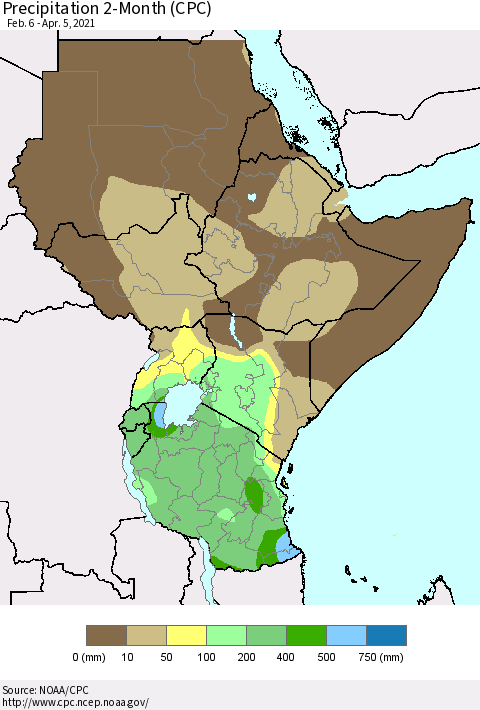 Eastern Africa Precipitation 2-Month (CPC) Thematic Map For 2/6/2021 - 4/5/2021