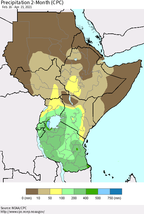 Eastern Africa Precipitation 2-Month (CPC) Thematic Map For 2/16/2021 - 4/15/2021