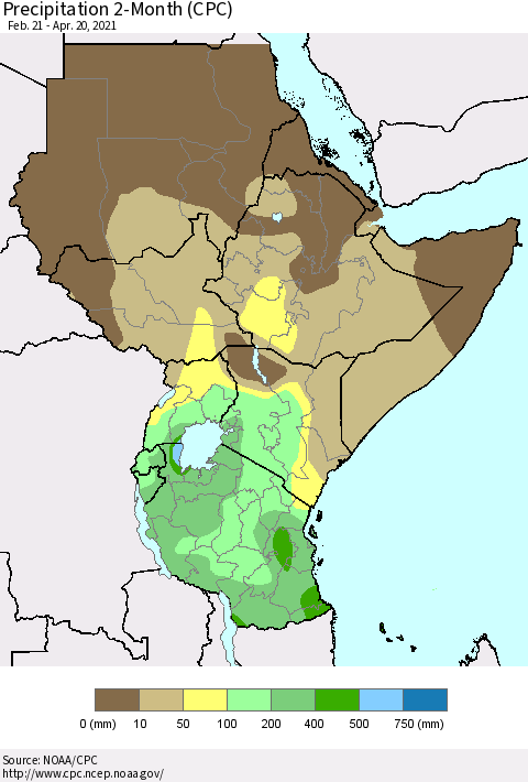 Eastern Africa Precipitation 2-Month (CPC) Thematic Map For 2/21/2021 - 4/20/2021