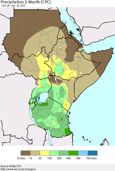 Eastern Africa Precipitation 2-Month (CPC) Thematic Map For 2/26/2021 - 4/25/2021