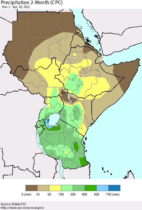 Eastern Africa Precipitation 2-Month (CPC) Thematic Map For 3/1/2021 - 4/30/2021