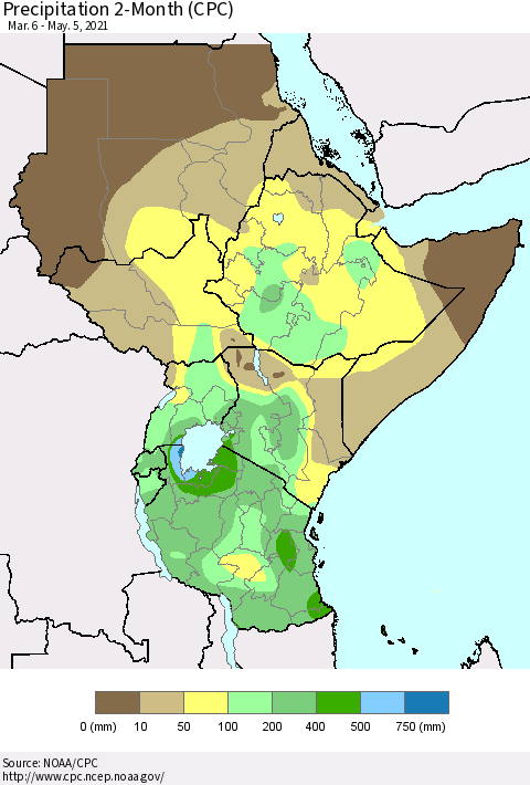 Eastern Africa Precipitation 2-Month (CPC) Thematic Map For 3/6/2021 - 5/5/2021