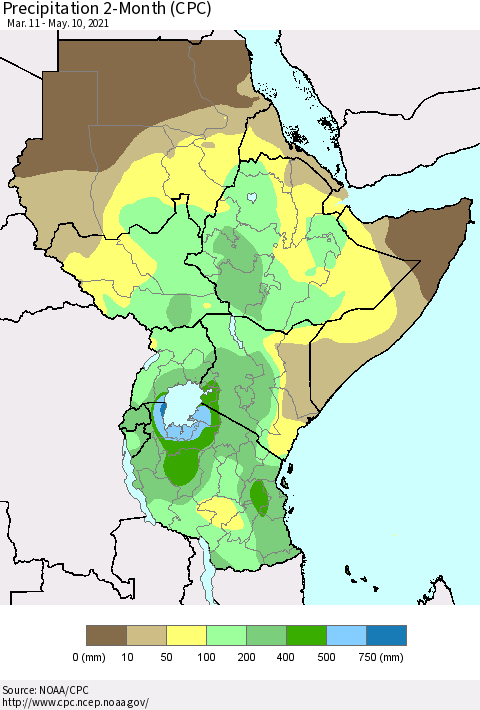 Eastern Africa Precipitation 2-Month (CPC) Thematic Map For 3/11/2021 - 5/10/2021