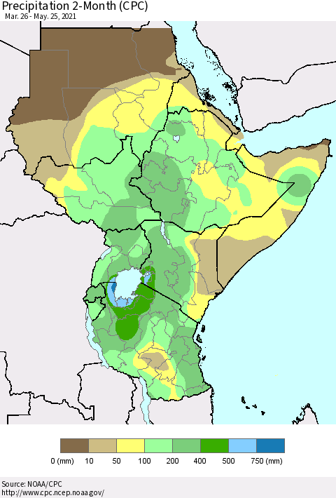 Eastern Africa Precipitation 2-Month (CPC) Thematic Map For 3/26/2021 - 5/25/2021