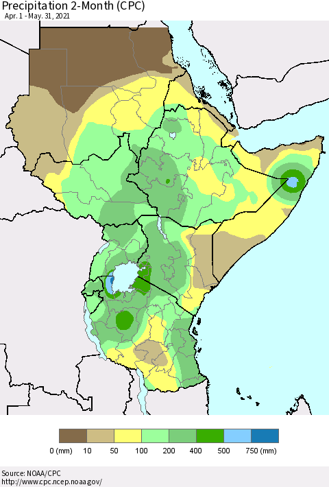 Eastern Africa Precipitation 2-Month (CPC) Thematic Map For 4/1/2021 - 5/31/2021