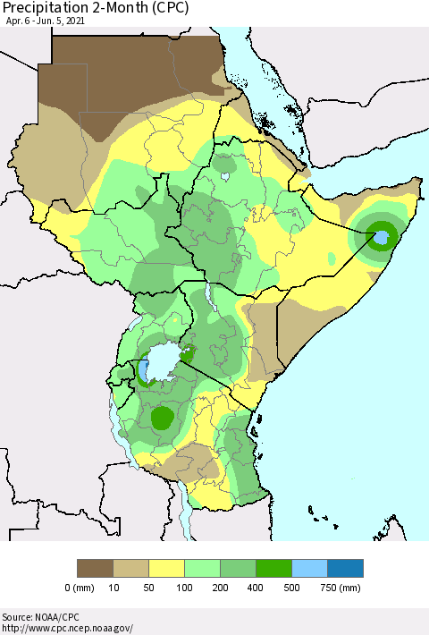 Eastern Africa Precipitation 2-Month (CPC) Thematic Map For 4/6/2021 - 6/5/2021
