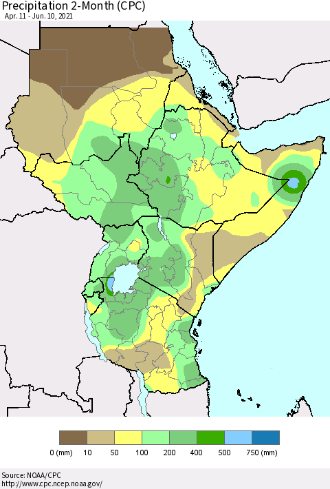 Eastern Africa Precipitation 2-Month (CPC) Thematic Map For 4/11/2021 - 6/10/2021
