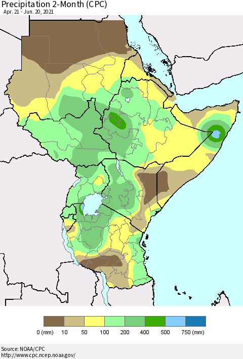 Eastern Africa Precipitation 2-Month (CPC) Thematic Map For 4/21/2021 - 6/20/2021