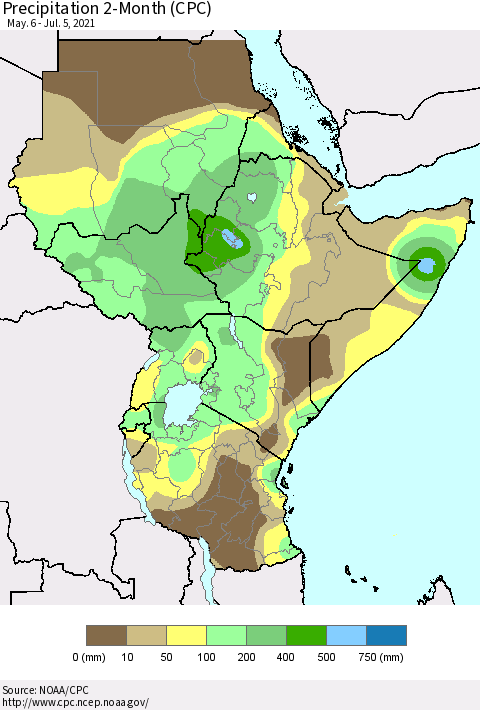 Eastern Africa Precipitation 2-Month (CPC) Thematic Map For 5/6/2021 - 7/5/2021