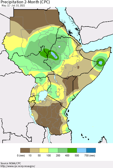 Eastern Africa Precipitation 2-Month (CPC) Thematic Map For 5/11/2021 - 7/10/2021