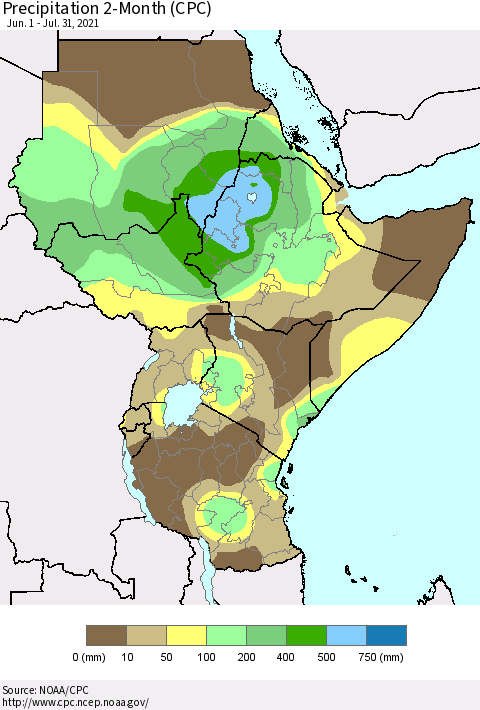 Eastern Africa Precipitation 2-Month (CPC) Thematic Map For 6/1/2021 - 7/31/2021