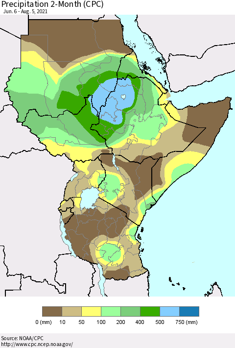 Eastern Africa Precipitation 2-Month (CPC) Thematic Map For 6/6/2021 - 8/5/2021