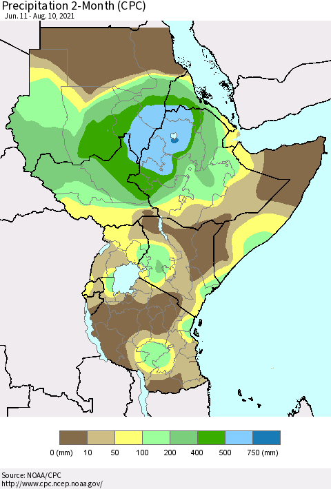 Eastern Africa Precipitation 2-Month (CPC) Thematic Map For 6/11/2021 - 8/10/2021