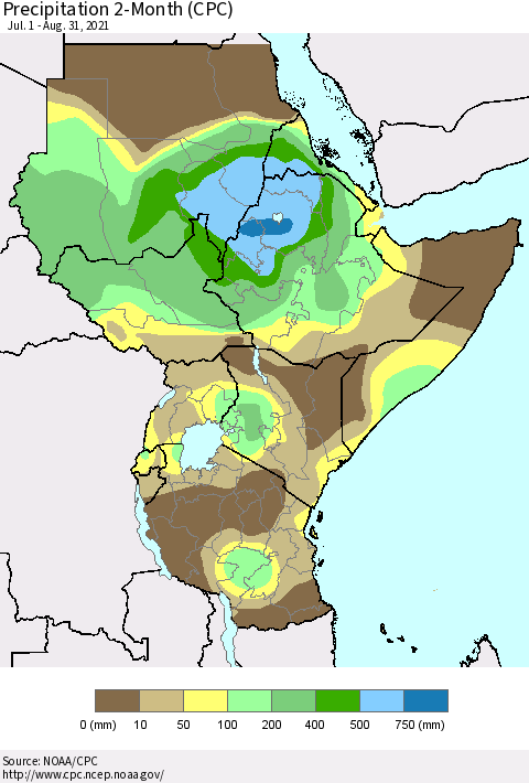 Eastern Africa Precipitation 2-Month (CPC) Thematic Map For 7/1/2021 - 8/31/2021