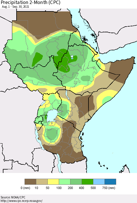 Eastern Africa Precipitation 2-Month (CPC) Thematic Map For 8/1/2021 - 9/30/2021