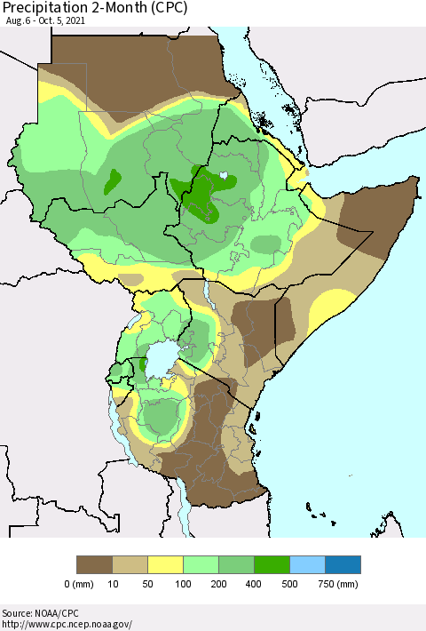 Eastern Africa Precipitation 2-Month (CPC) Thematic Map For 8/6/2021 - 10/5/2021