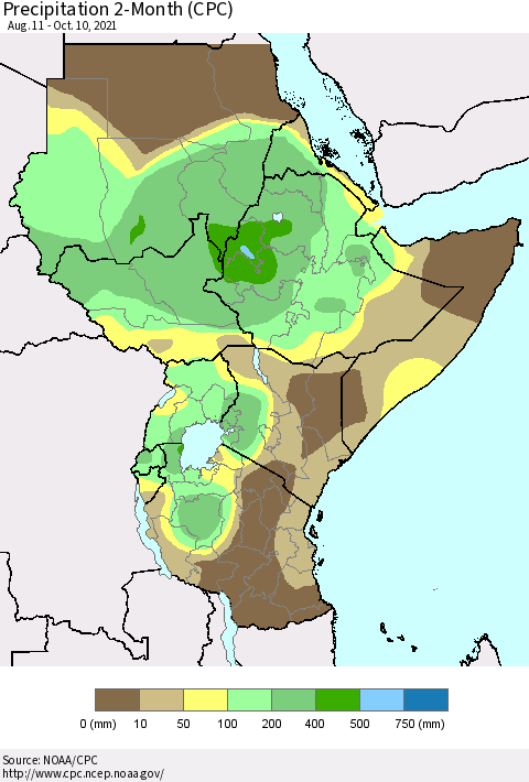 Eastern Africa Precipitation 2-Month (CPC) Thematic Map For 8/11/2021 - 10/10/2021