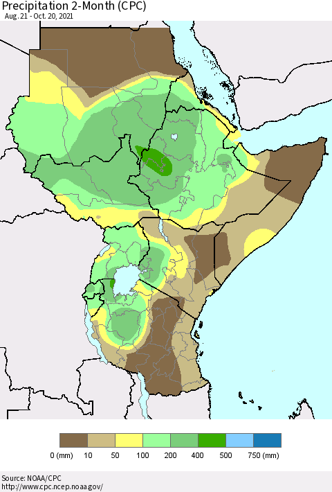 Eastern Africa Precipitation 2-Month (CPC) Thematic Map For 8/21/2021 - 10/20/2021