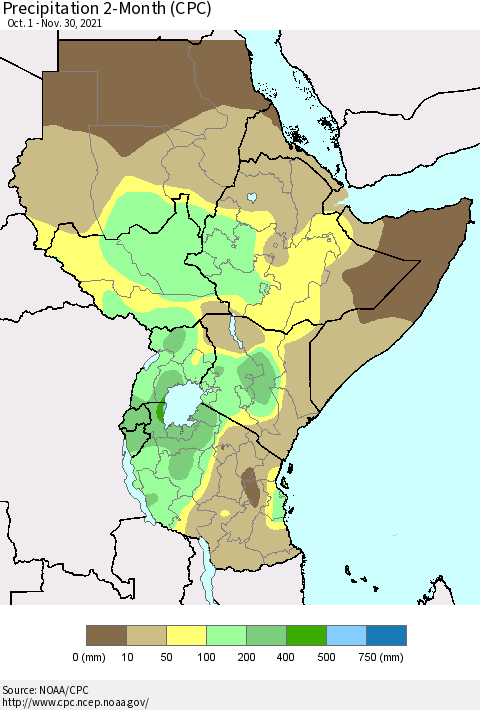 Eastern Africa Precipitation 2-Month (CPC) Thematic Map For 10/1/2021 - 11/30/2021