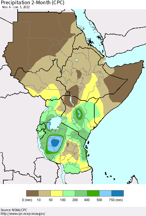 Eastern Africa Precipitation 2-Month (CPC) Thematic Map For 11/6/2021 - 1/5/2022