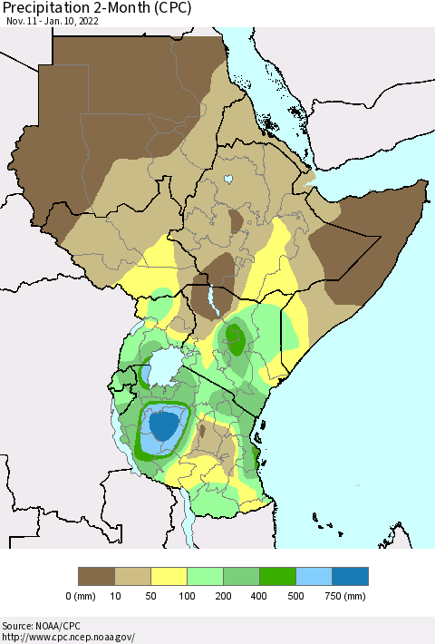 Eastern Africa Precipitation 2-Month (CPC) Thematic Map For 11/11/2021 - 1/10/2022