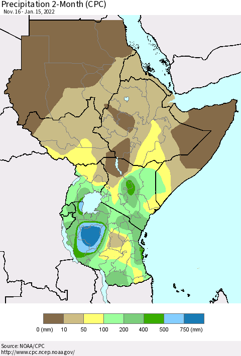 Eastern Africa Precipitation 2-Month (CPC) Thematic Map For 11/16/2021 - 1/15/2022