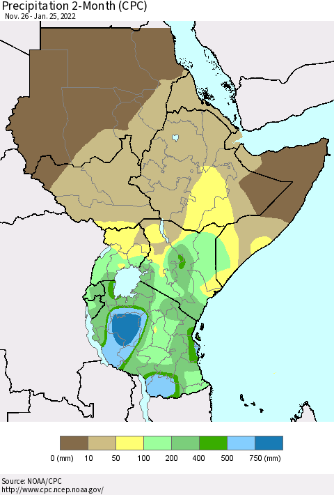 Eastern Africa Precipitation 2-Month (CPC) Thematic Map For 11/26/2021 - 1/25/2022