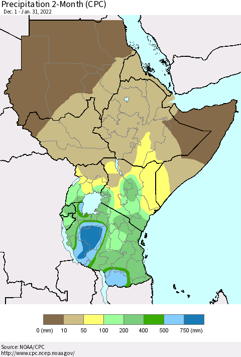 Eastern Africa Precipitation 2-Month (CPC) Thematic Map For 12/1/2021 - 1/31/2022