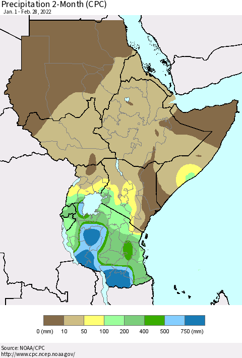 Eastern Africa Precipitation 2-Month (CPC) Thematic Map For 1/1/2022 - 2/28/2022