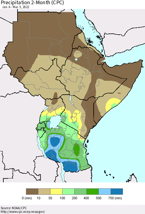 Eastern Africa Precipitation 2-Month (CPC) Thematic Map For 1/6/2022 - 3/5/2022
