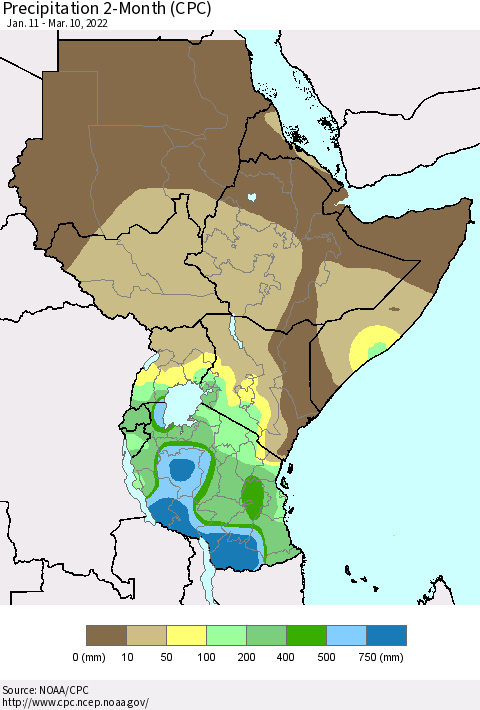 Eastern Africa Precipitation 2-Month (CPC) Thematic Map For 1/11/2022 - 3/10/2022