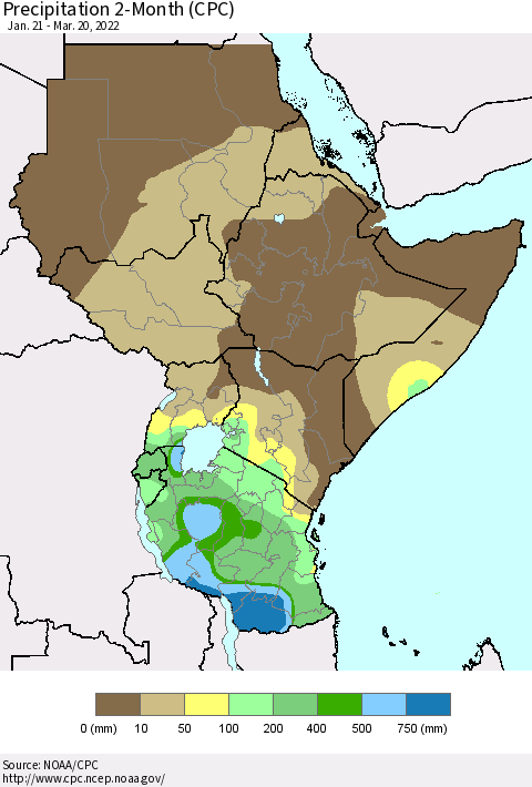 Eastern Africa Precipitation 2-Month (CPC) Thematic Map For 1/21/2022 - 3/20/2022