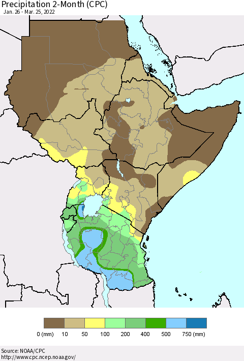 Eastern Africa Precipitation 2-Month (CPC) Thematic Map For 1/26/2022 - 3/25/2022