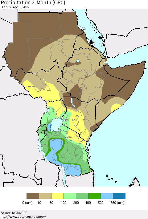 Eastern Africa Precipitation 2-Month (CPC) Thematic Map For 2/6/2022 - 4/5/2022