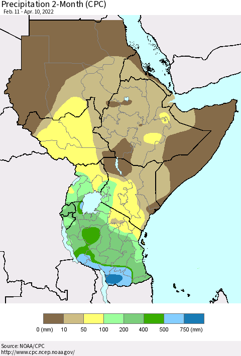 Eastern Africa Precipitation 2-Month (CPC) Thematic Map For 2/11/2022 - 4/10/2022
