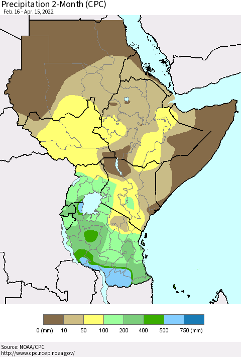 Eastern Africa Precipitation 2-Month (CPC) Thematic Map For 2/16/2022 - 4/15/2022