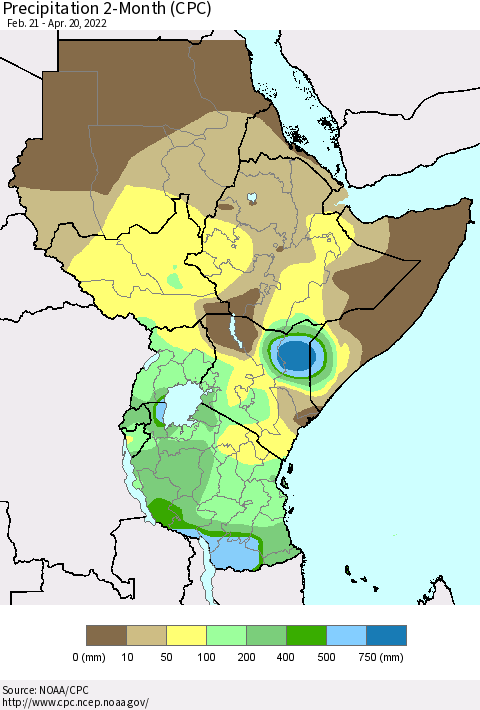 Eastern Africa Precipitation 2-Month (CPC) Thematic Map For 2/21/2022 - 4/20/2022