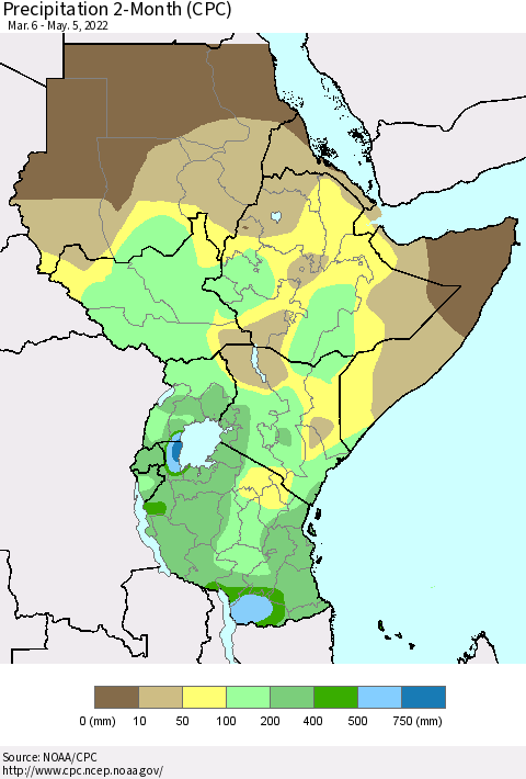 Eastern Africa Precipitation 2-Month (CPC) Thematic Map For 3/6/2022 - 5/5/2022