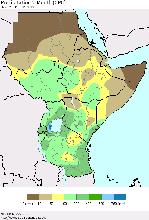 Eastern Africa Precipitation 2-Month (CPC) Thematic Map For 3/26/2022 - 5/25/2022